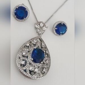 Set-2 Piece Set..Stunning Blue Faux Sapphire Necklace- Silver Tone W/ Earrings